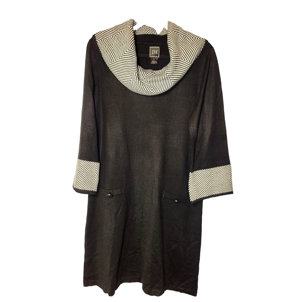 Jessica Howard Knit Black Cowlneck‎ Dress Striped Neck And Cuffs Pocket Front Lg